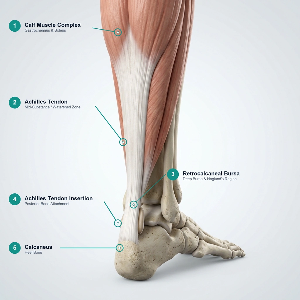 Clinical anatomical 3D illustration of the human lower leg and foot illustrating the Achilles tendon, gastrocnemius calf muscle complex, and posterior calcaneus insertion - Podiatry Group of Georgia