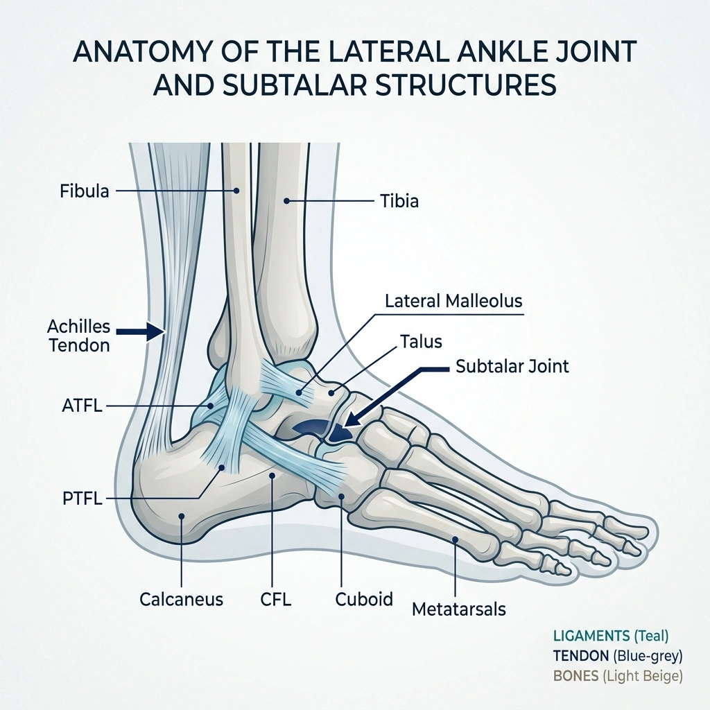 Anatomical diagram of the lateral ankle joint, ligaments, and subtalar structures - Podiatry Group of Georgia