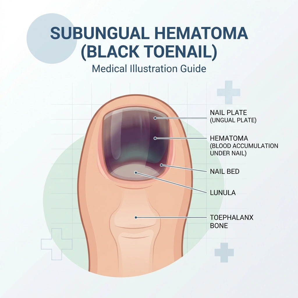 Anatomical diagram of a subungual hematoma showing blood pooling under the nail plate - Podiatry Group of Georgia