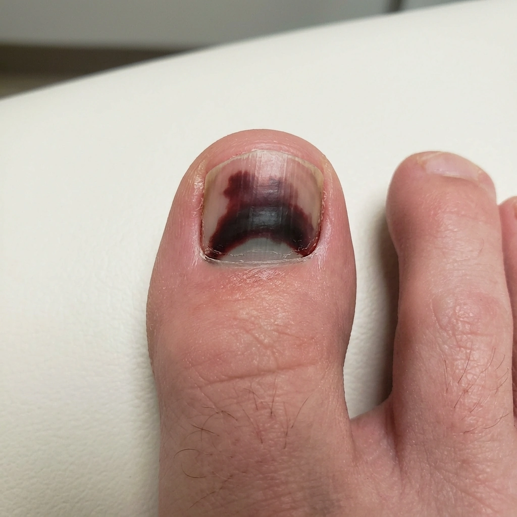 Clinical photograph of a subungual hematoma showing dark purple discoloration - Podiatry Group of Georgia