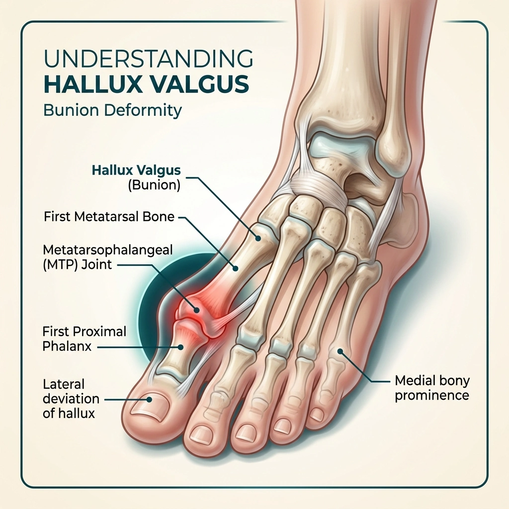 Detailed medical anatomical illustration of bunion (hallux valgus) showing skeletal structure - Podiatry Group of Georgia