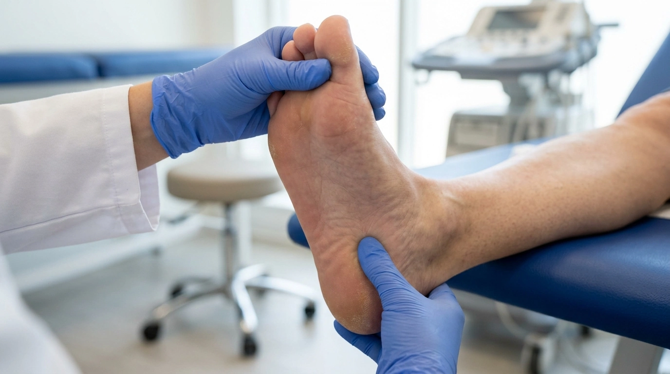 Female podiatrist wearing examination gloves conducting clinical physical examination of the plantar fascia on the bottom of the foot in Marietta, GA