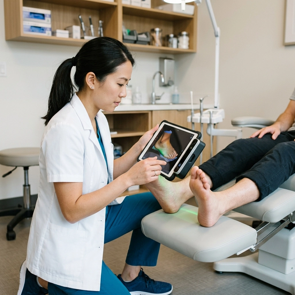 Clinical 3D scanning procedure showing Dr. Delvadia using a handheld digital laser scanner - Podiatry Group of Georgia