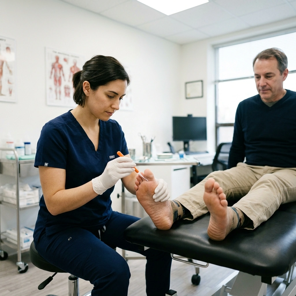 Clinical diabetic foot checkup by Dr. Delvadia examining circulation and nerve sensitivity - Podiatry Group of Georgia