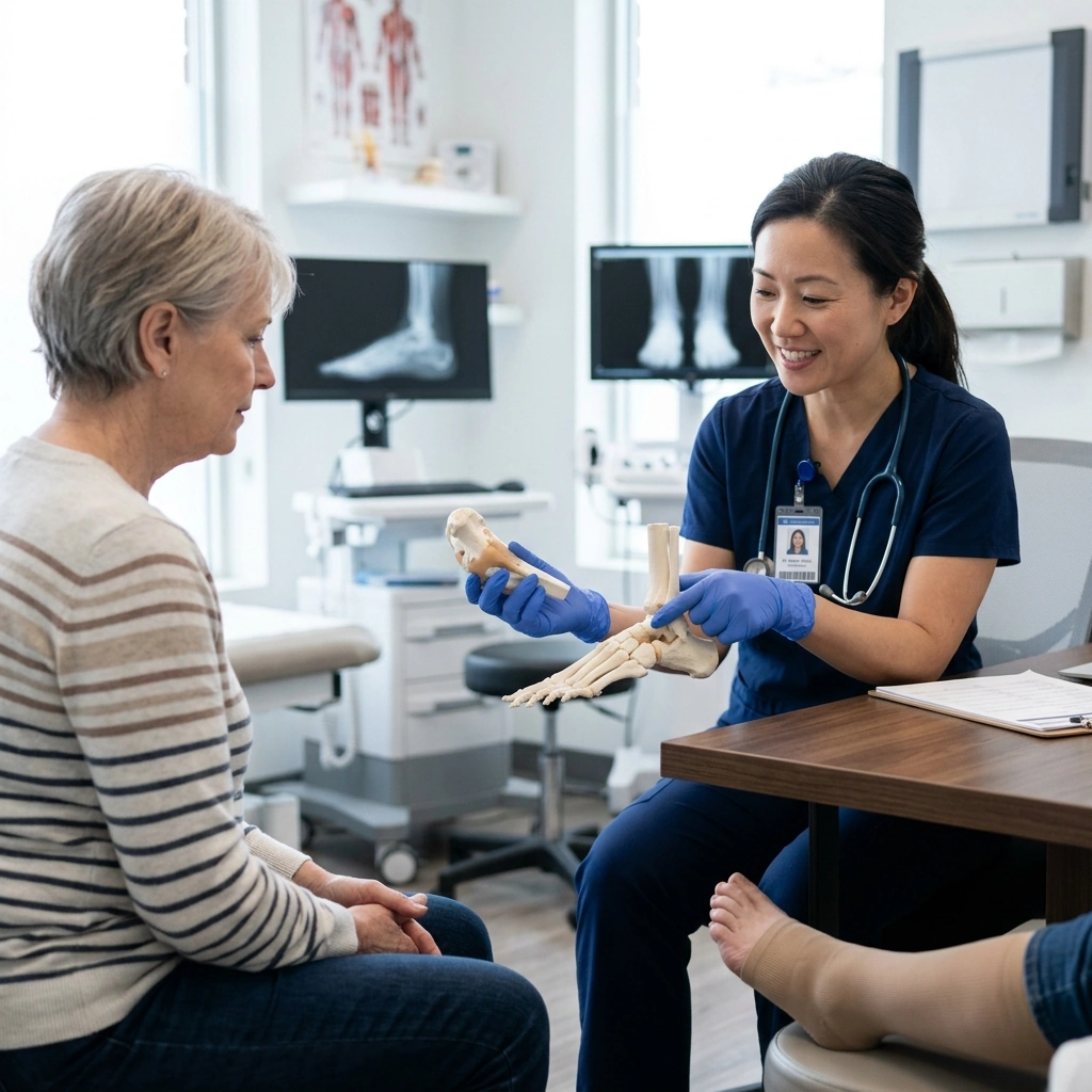 Clinical surgical consultation showing Dr. Delvadia explaining a foot joint deformity - Podiatry Group of Georgia