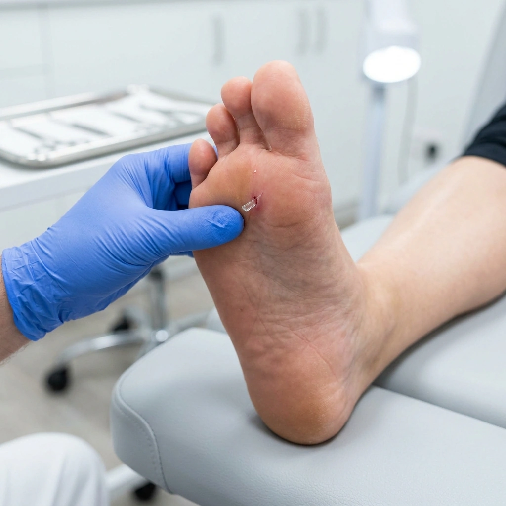 Clinical photograph showing a patient's foot sole with an embedded foreign body under clinical examination - Podiatry Group of Georgia