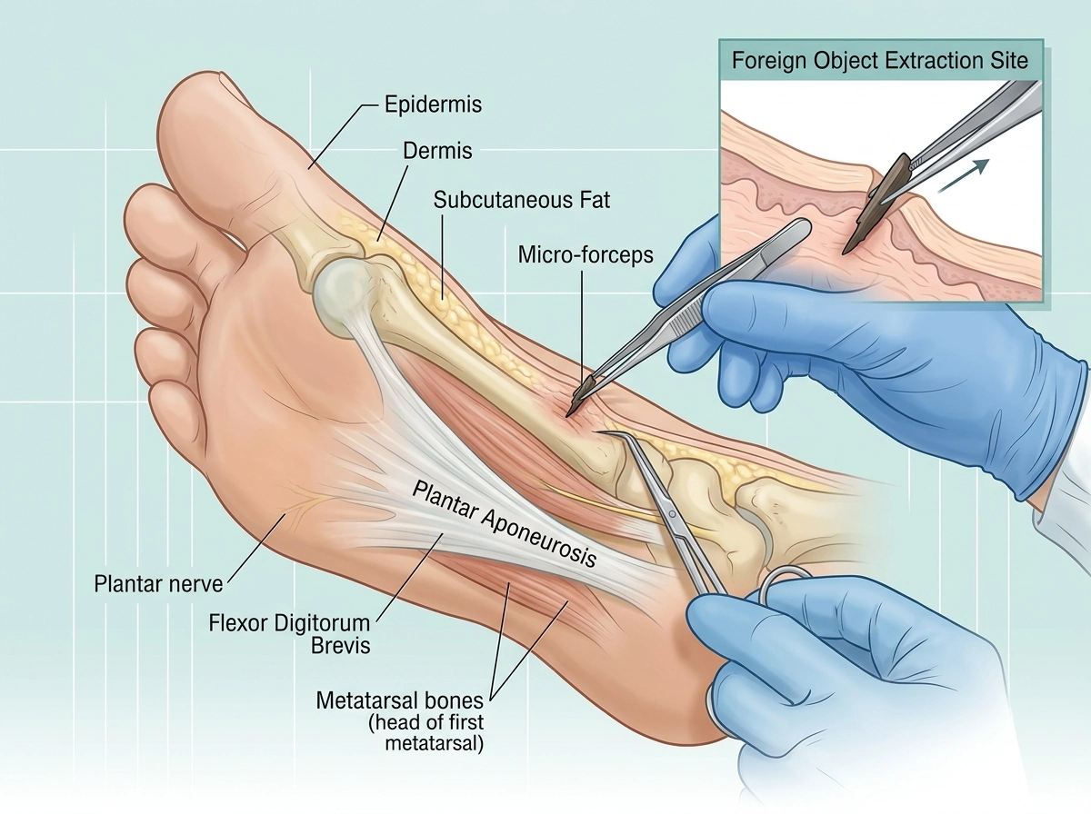 Detailed medical anatomical diagram showing sterile foreign object extraction from the sole of the foot - Podiatry Group of Georgia