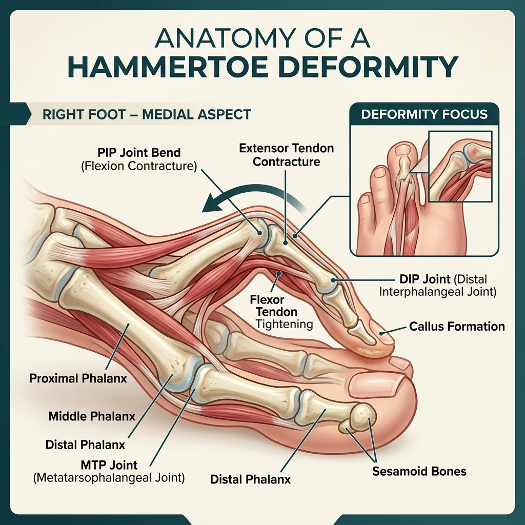 Detailed medical anatomical illustration of hammertoe deformity - Podiatry Group of Georgia