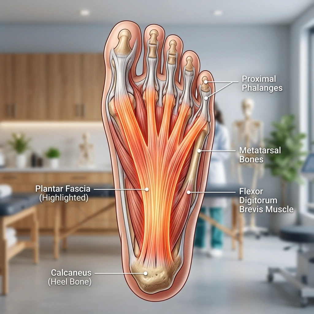 Clinical anatomical diagram of the foot showing plantar fascia and heel bone structure - Podiatry Group of Georgia