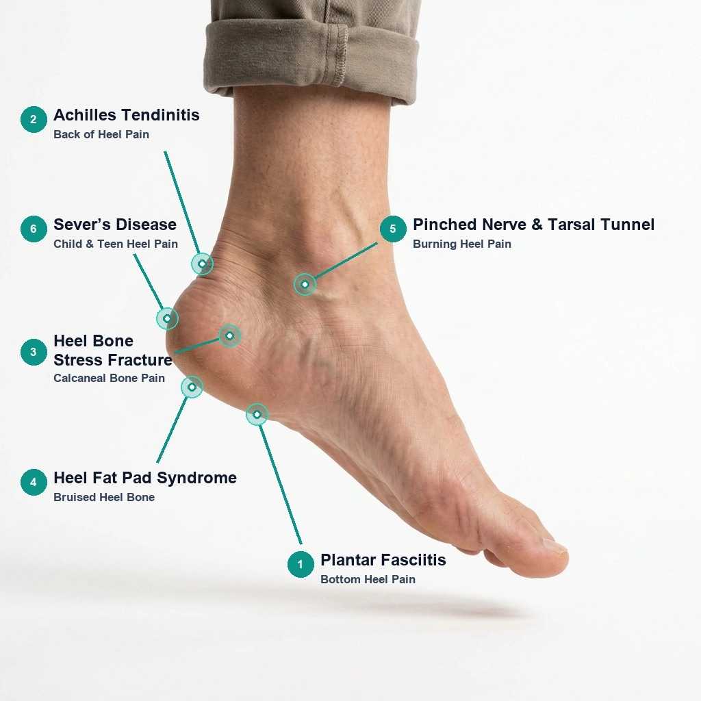 Clinical anatomical diagram of the foot and heel indicating 6 distinct pain locations for plantar fasciitis, Achilles tendinitis, calcaneal stress fracture, fat pad syndrome, tarsal tunnel, and Sever's disease - Podiatry Group of Georgia