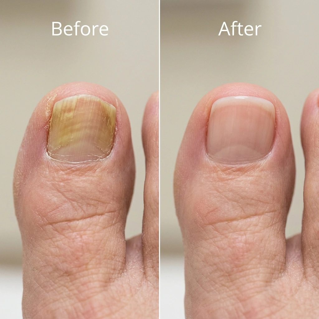 Clinical photograph showing side-by-side before and after comparison of KeryFlex toenail restoration - Podiatry Group of Georgia