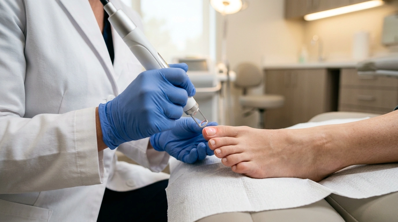 Podiatrist performing painless Q-Clear laser toenail treatment in a sterile Marietta, GA medical office - Podiatry Group of Georgia