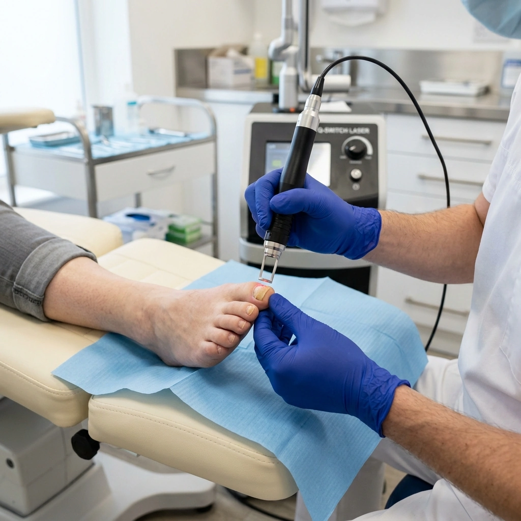 FDA-approved Q-Clear laser handpiece delivering light energy to infected toenail - Podiatry Group of Georgia