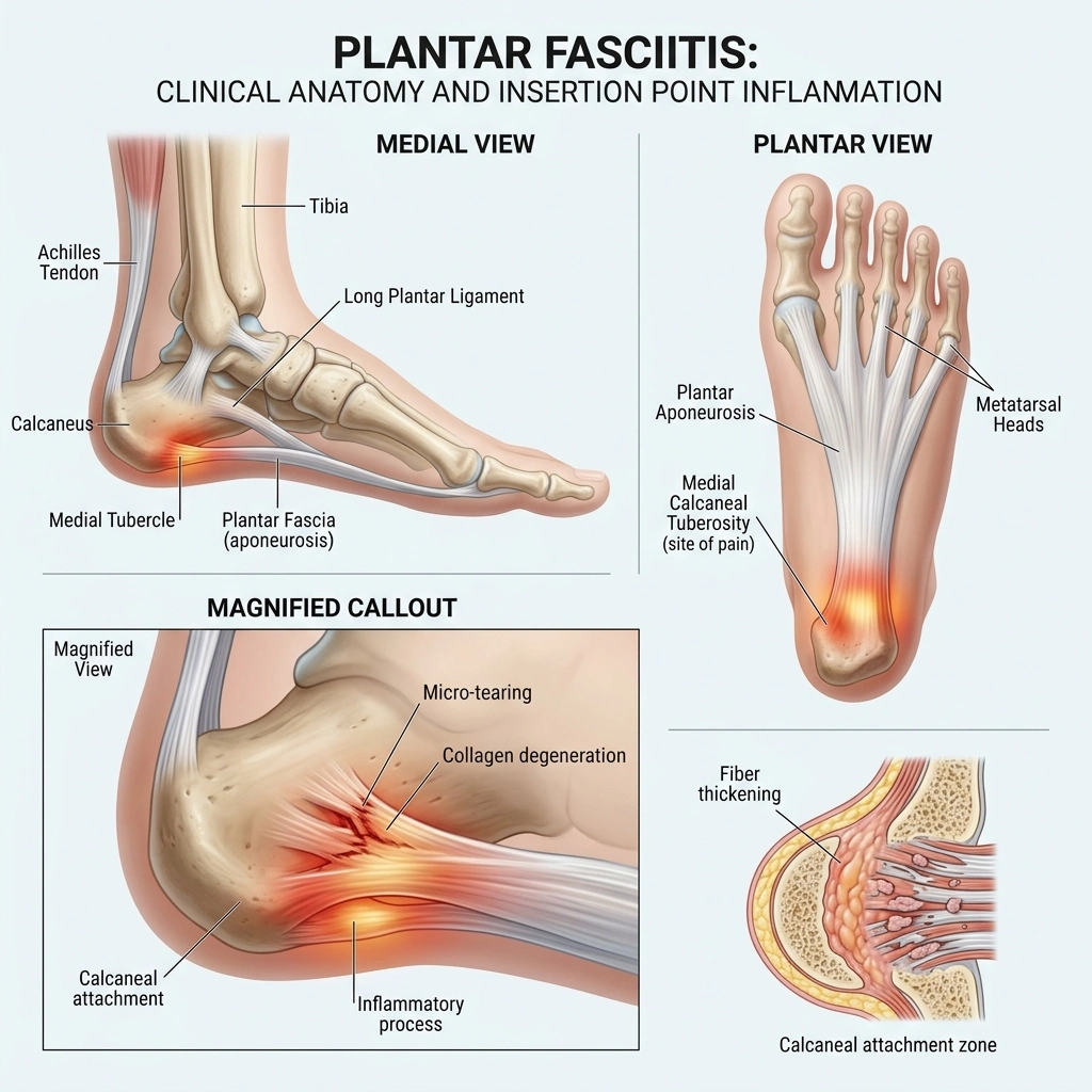 Multi-angle clinical anatomical diagram of the foot showing medial view, plantar sole view, and magnified heel bone insertion inflammation - Podiatry Group of Georgia