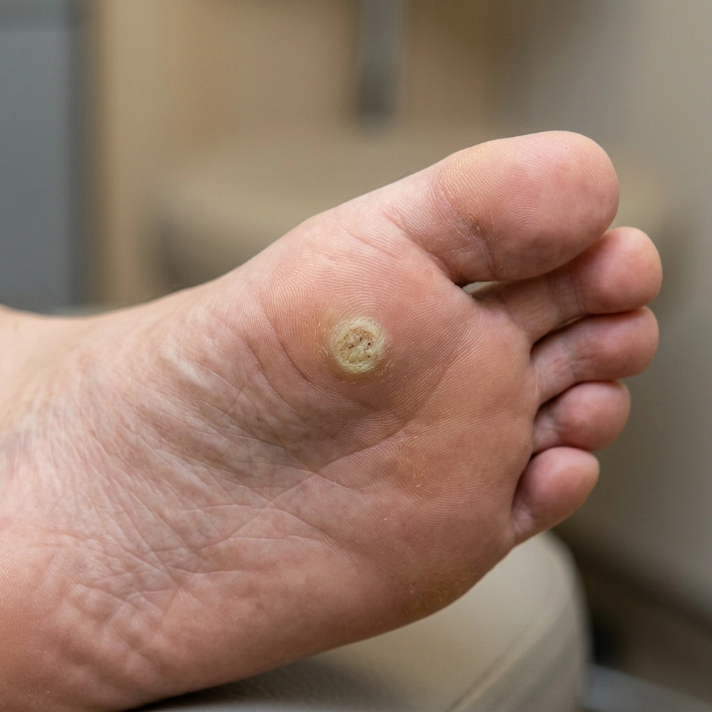 Clinical photograph showing a plantar wart on the sole of a foot - Podiatry Group of Georgia