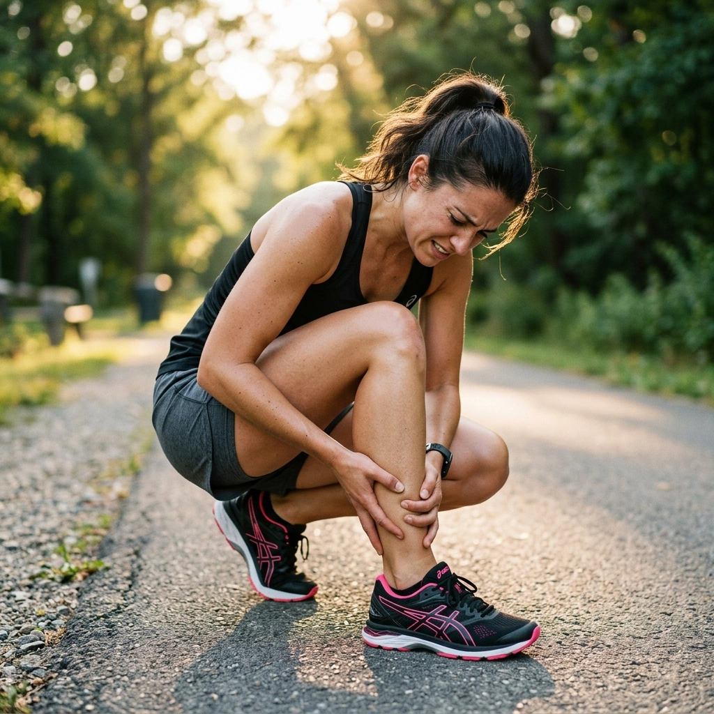 Injured athlete crouching on a trail holding their painful ankle and foot - Podiatry Group of Georgia